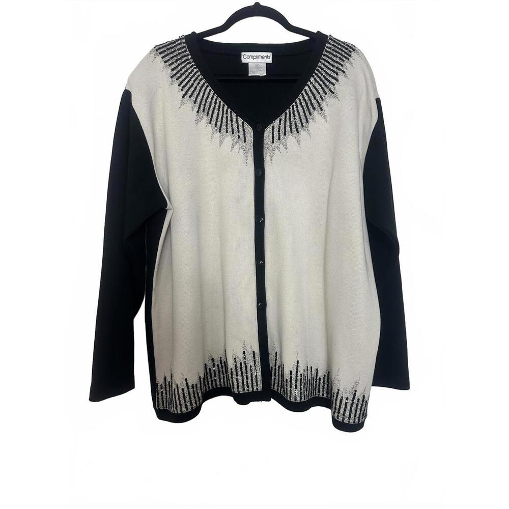 Compliments Embelished Women's Long Sleeve Cardigan Sweater Black and Cream 2x